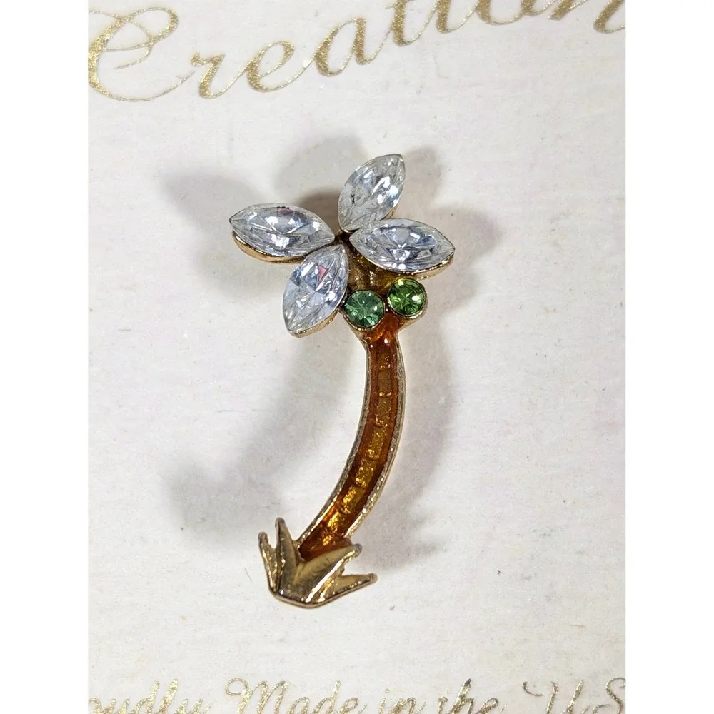Vintage Palm Tree‎ Brooch Austrian Crystal Gold Tone Made in USA Tropical